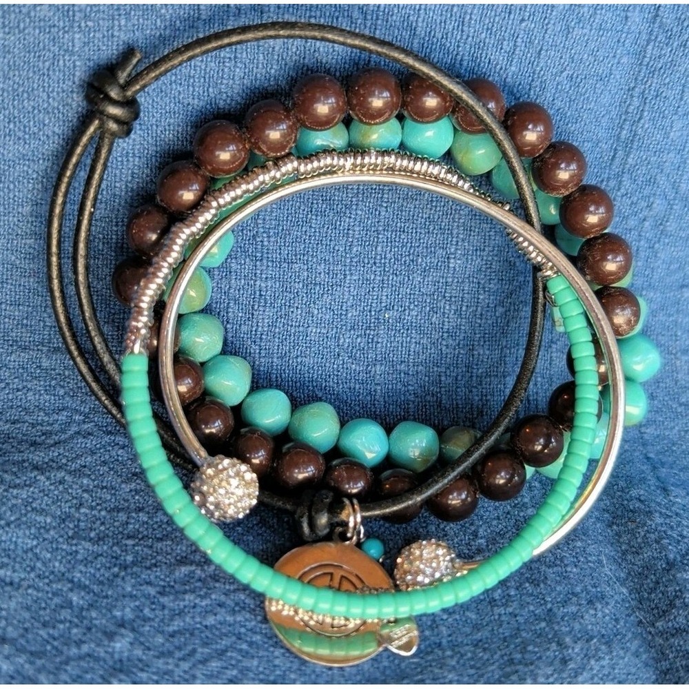 LOT Keer Collective Coil‎ Beaded Bracelet + Stackable Bracelets Silver Turquoise